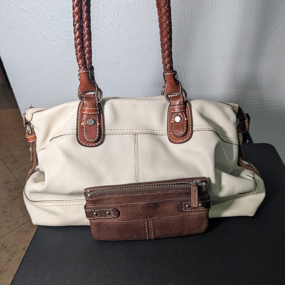 FOSSILS CREAM LEATHER LADIES BROWN BRAIDED LEATHER HANDLE PURSE with wallet